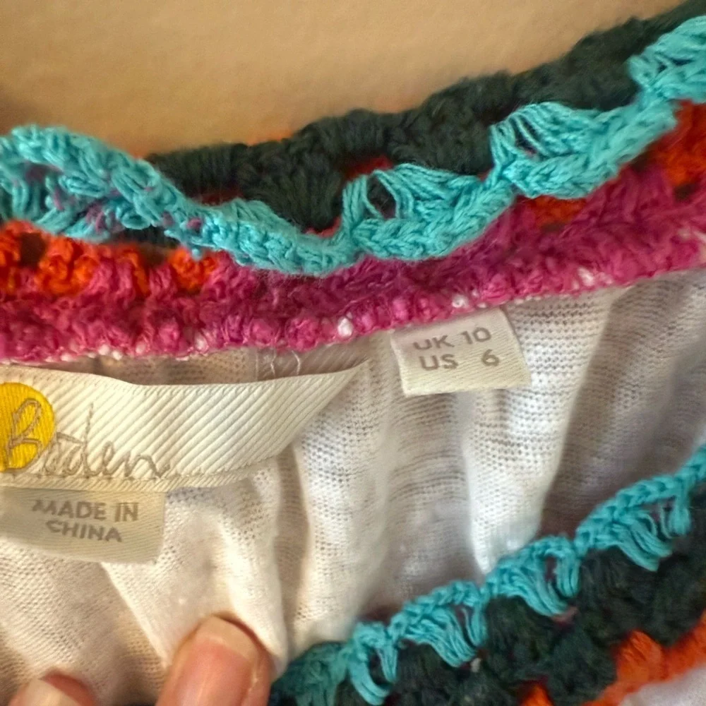 Boden crochet trim puff sleeve top white size 6 new without tags. T0952